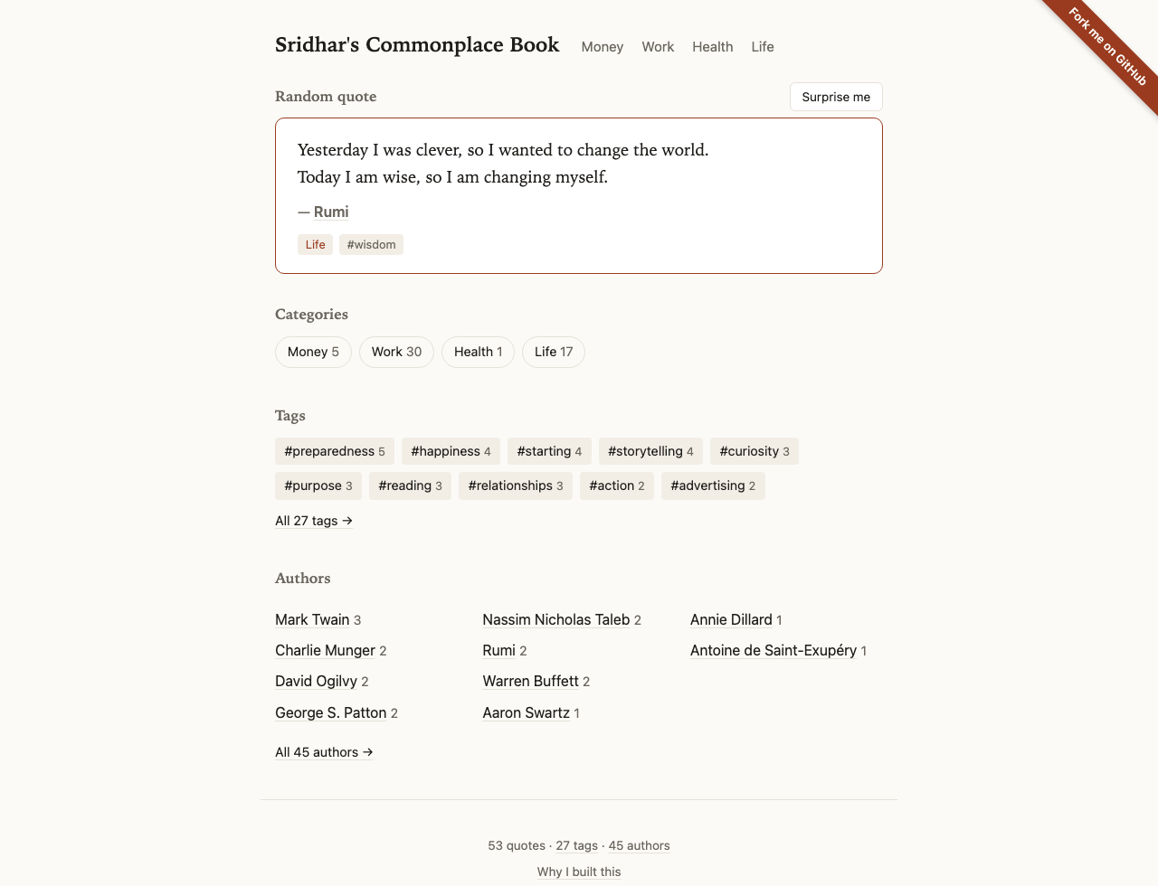 Home page of Sridhar's commonplace, showing a random quote, categories, tags and authors